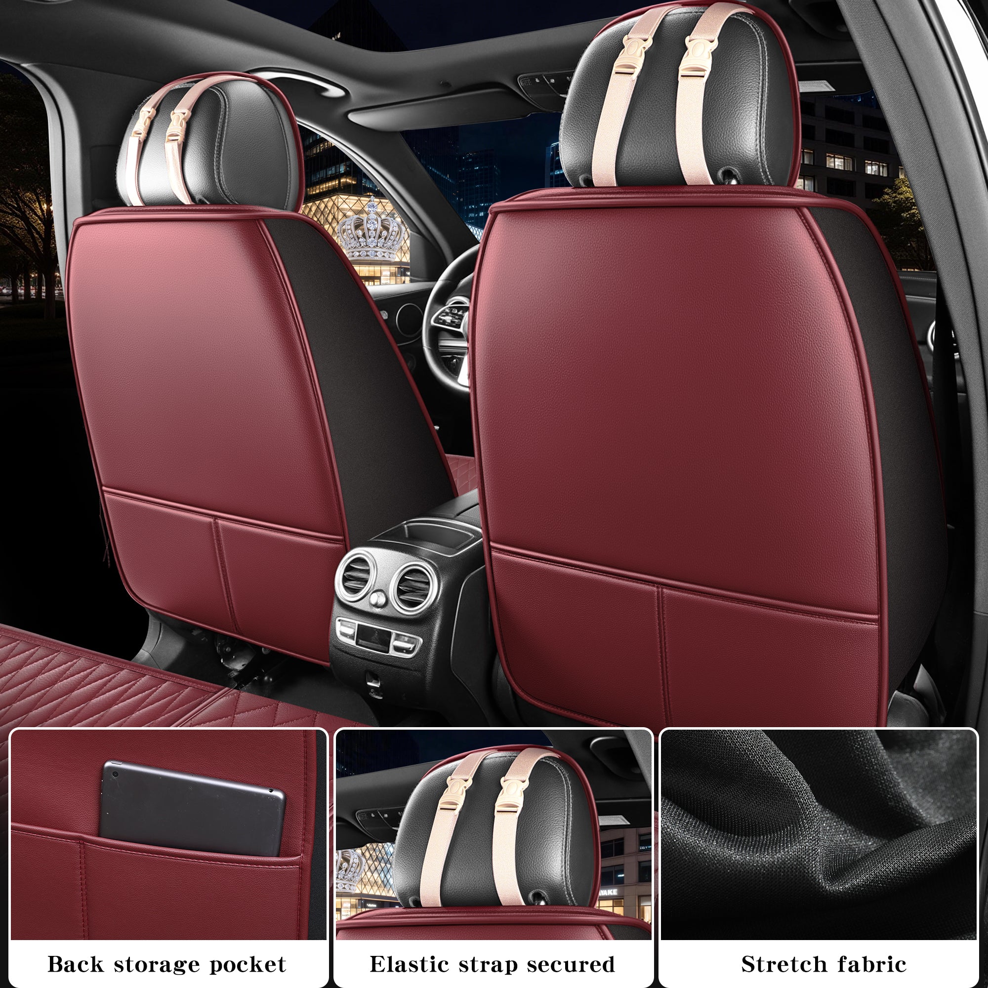 Red Rain Universal Leather Car Seat Cover Full Set with Crown Full Coverage Secondary image