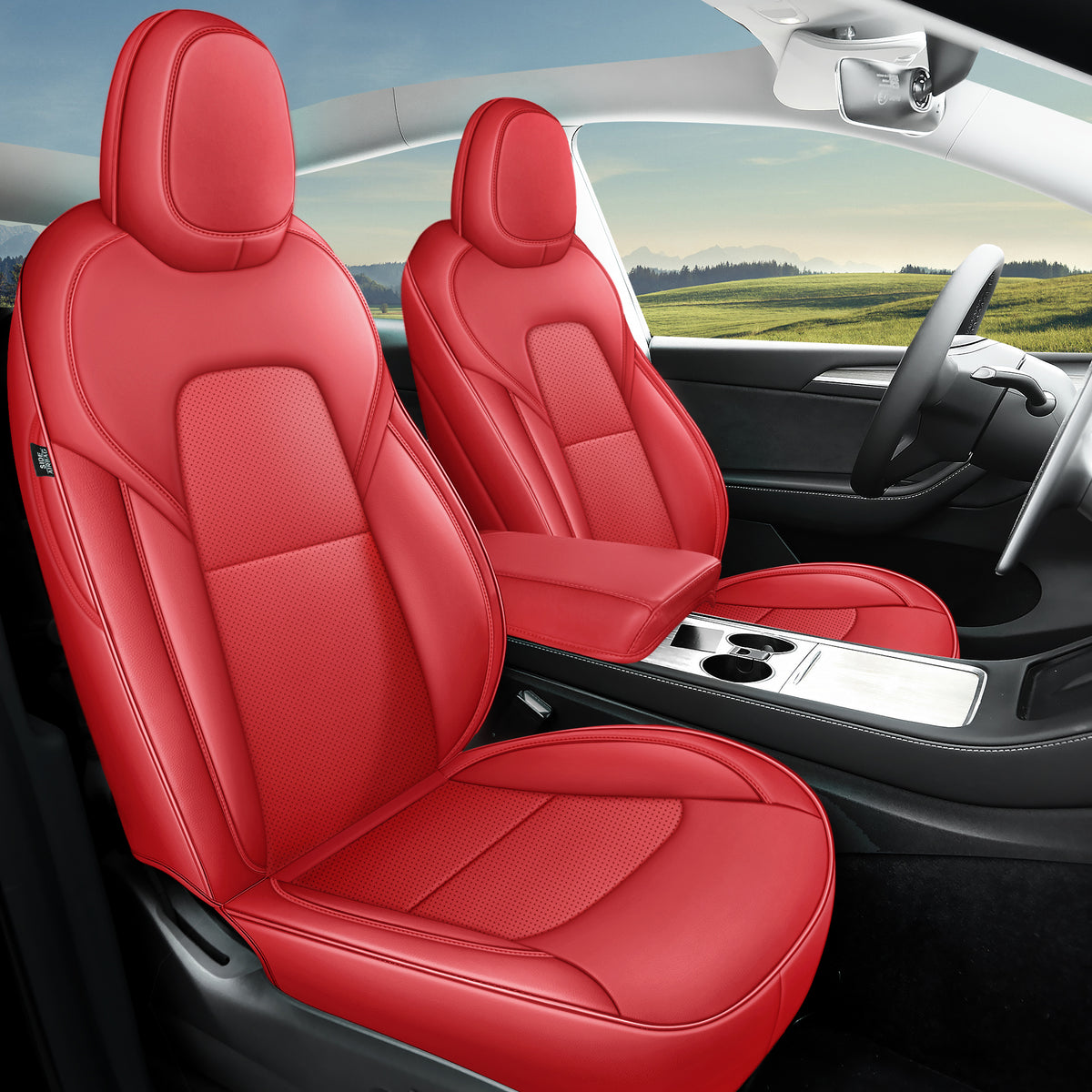 Red Rain Leather Car Seat Cushion Cover Customized Fit for 2020-2024 Tesla Model Y Airbag Compatible