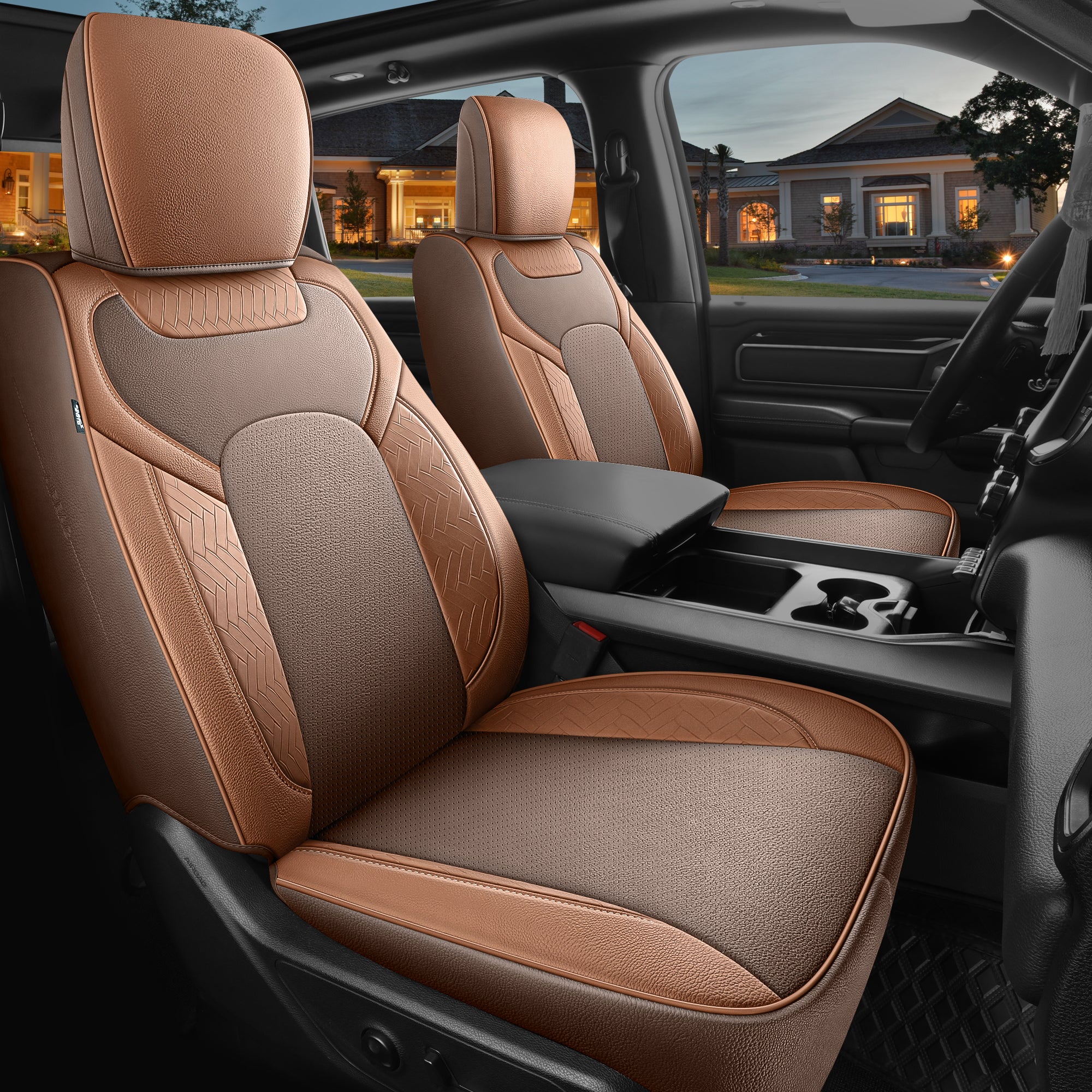 Red Rain Luxury Leather Car Seat Cover for Dodge Ram 1500 2019 to 2026 Crew, Mega Cab with Flat Bench Main image