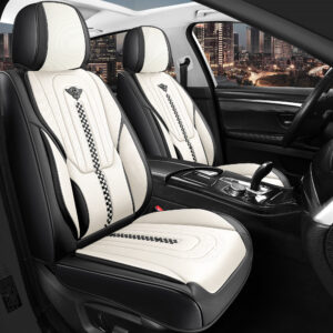 Leather Seat Cover for Cars with Lumbar Support Black and White Universal Seat Protector 5 Seater