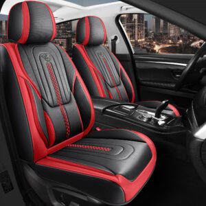 Leather Seat Cover for Cars with Lumbar Support Black and Red Universal Seat Protector Full Set