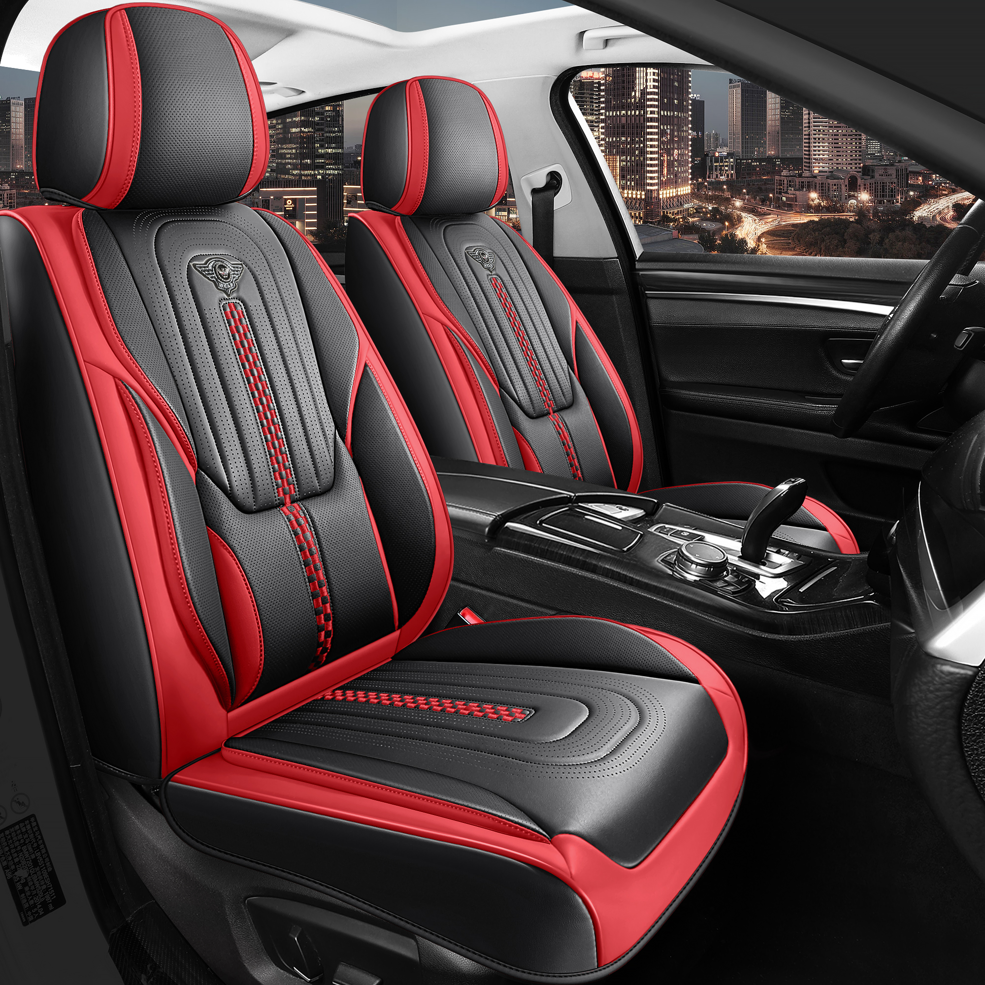 Leather Seat Cover for Cars with Lumbar Support Black and Red Universal Seat Protector Full Set