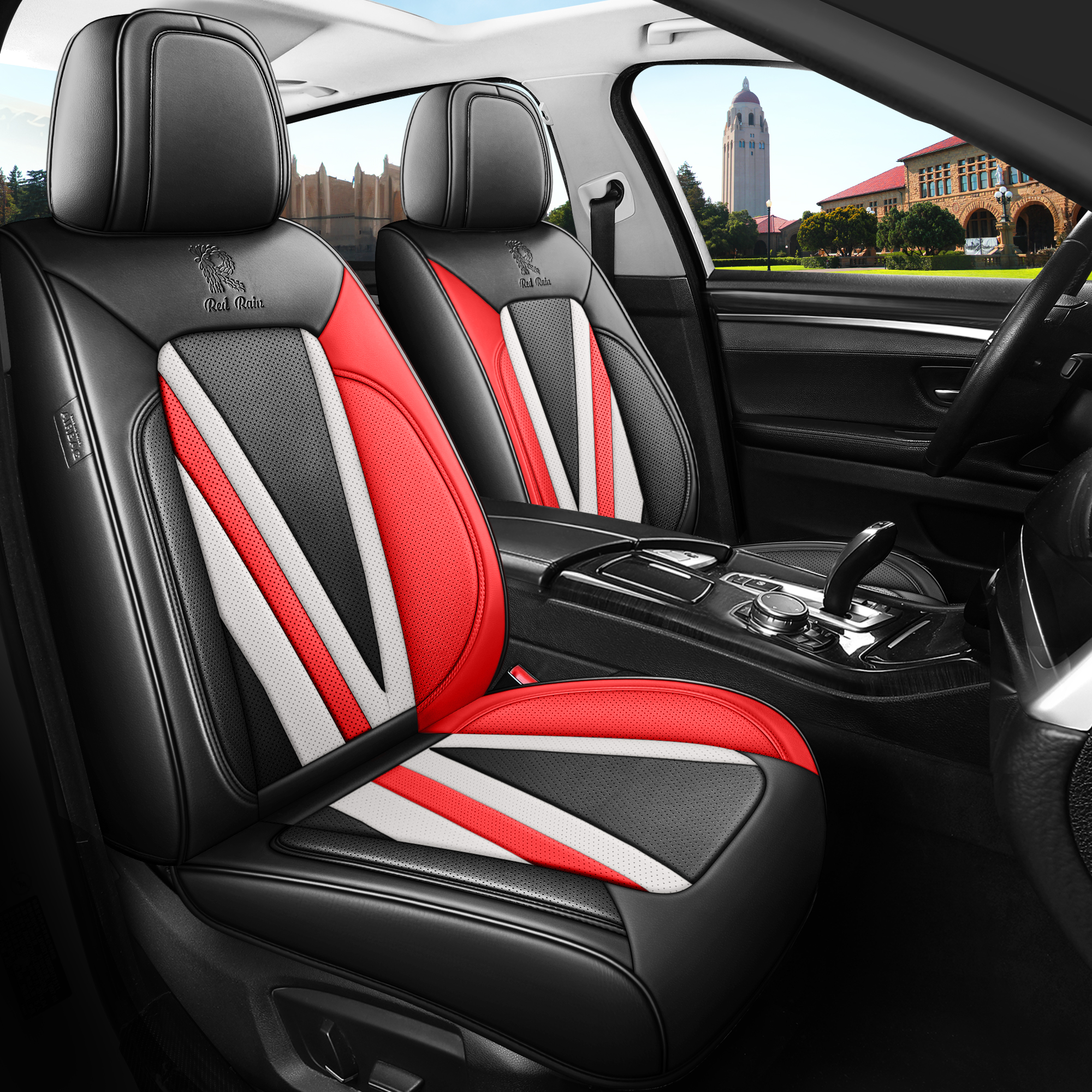 Universal Leather Auto Seat Covers Black and Red Full Set Full Coverage