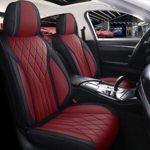 Wine Red and Black Leather Car Seat Cover Universal Front and Rear Seat Cover Full Coverage