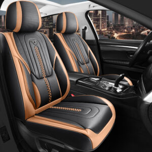 Leather Seat Cover for Cars with Lumbar Support Black and Orange Universal Seat Protector
