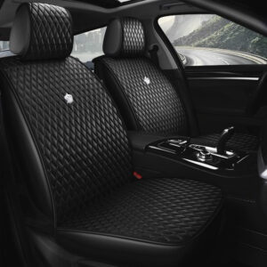 Black Universal Car Seat Cover with Crown Full Coverage Leather Seat Cushion for 5 Seater