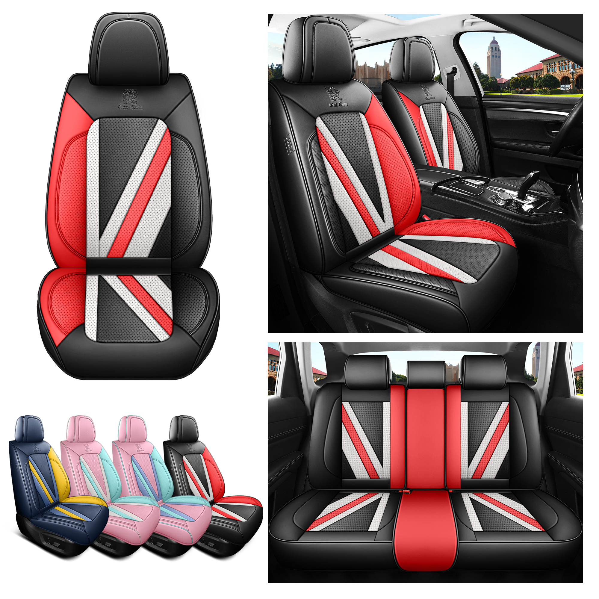 Universal Leather Auto Seat Covers Black and Red Full Set Full Coverage - Image 8