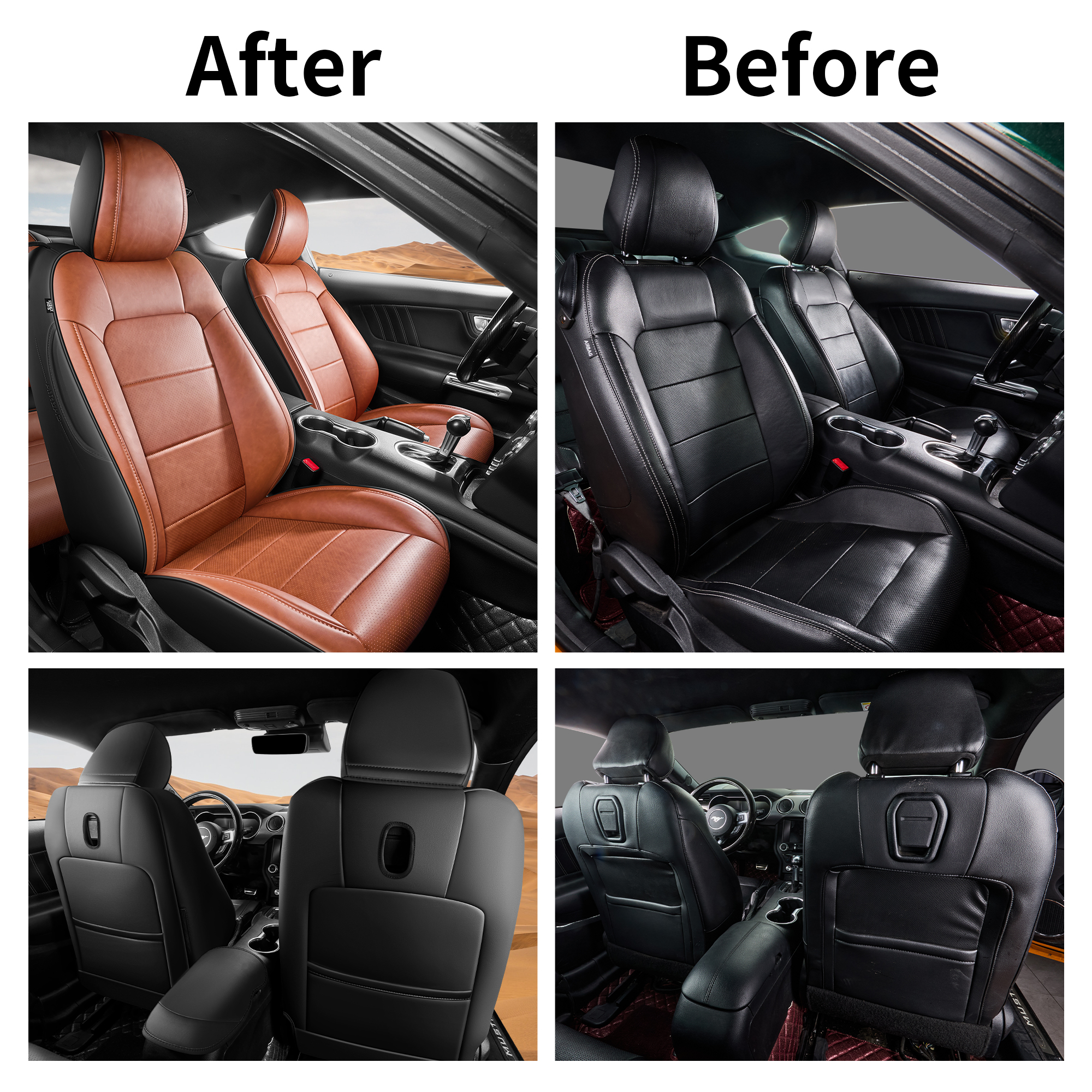 Customized Fit Ford Mustang Coupe Hardtop 2015-2026 Brown+Black Car Seat Cover Airbag Compatible Waterproof Leather Car Seat Protector - Image 4