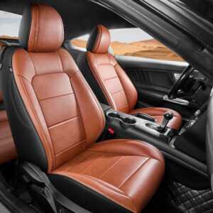 Customized Fit Ford Mustang Coupe Hardtop 2015-2026 Brown+Black Car Seat Cover Airbag Compatible Waterproof Leather Car Seat Protector