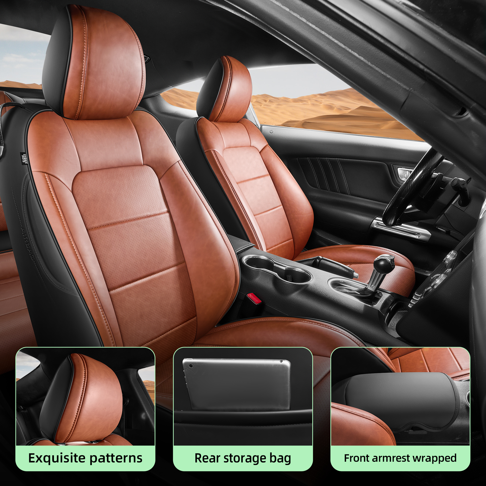 Customized Fit Ford Mustang Coupe Hardtop 2015-2026 Brown+Black Car Seat Cover Airbag Compatible Waterproof Leather Car Seat Protector - Image 5