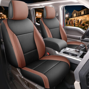 Custom Fit for Ford F150 Super Crew/Crew Cab 2015-2025 XL XLT STX Black and Brown Leather Seat Cover Full Coverage
