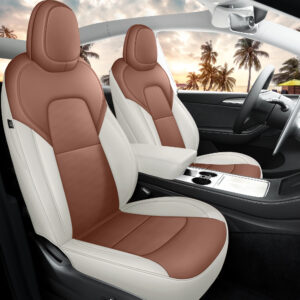 Customized Fit Tesla Model Y Seat Cover 2020 2021 2022 2023 2024 Beige+Brown Nappa Leather Car Interior Seat Compatible with Airbag Cushion Cover