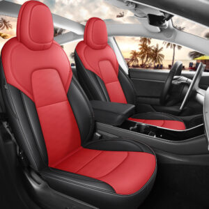 Customized Fit for Tesla Model 3 2017 2018 2019 2020 2021 2022 2023 Black+Red Car Seat Cover Nappa Leather Car Interior Seat Airbag Compatible Full Set