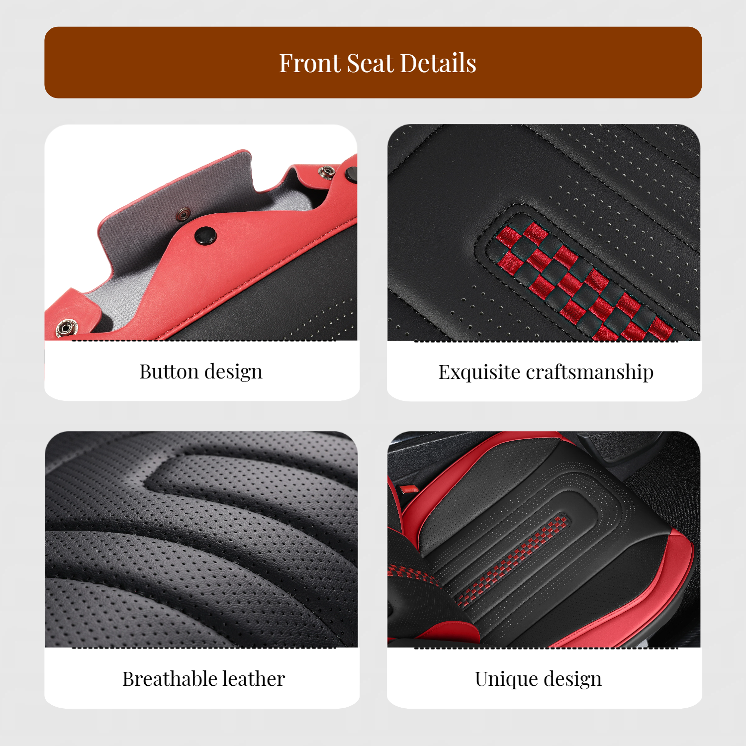 Leather Seat Cover for Cars with Lumbar Support Black and Red Universal Seat Protector Full Set - Image 3