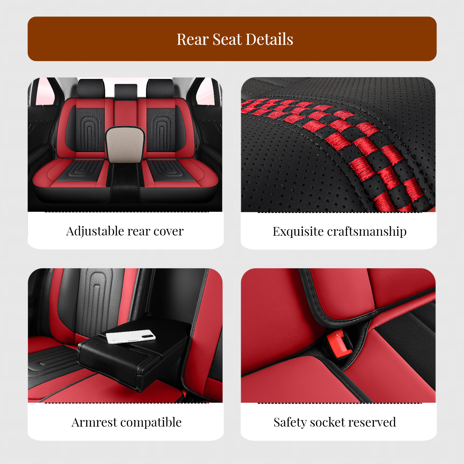 Leather Seat Cover for Cars with Lumbar Support Black and Red Universal Seat Protector Full Set - Image 4