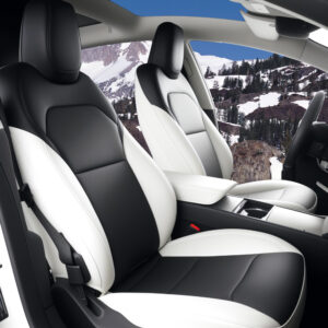 Customized Fit for Tesla Model Y Juniper 2025 2026 Black+White Leather Seat Cover Custom Fit Leather Seat Cover Full Set Compatible Airbag Seat Cushion Cover