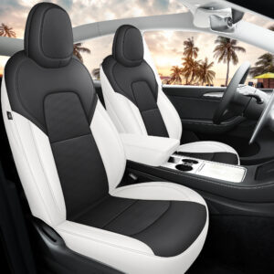 Customized Fit Tesla Model Y Seat Cover 2020 2021 2022 2023 2024 Black+White Seat Cover Waterproof Nappa Leather Cushion Cover Full Set Airbag Compatible