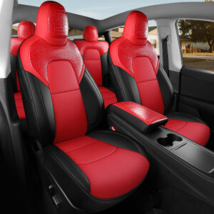 Customized Fit Tesla Model Y Seat Cover 2020 2021 2022 2023 2024 Crocodile Skin Red+Black Seat Cover Customized Fit Car Seat Cover Interior Protectors Full Set