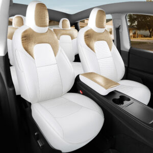 Customized Fit Tesla Model Y Seat Cover 2020 2021 2022 2023 2024 Crocodile Skin Golden+White Seat Cover Crocodile And Nappa Leather Car Seat Covers Seat Full Set