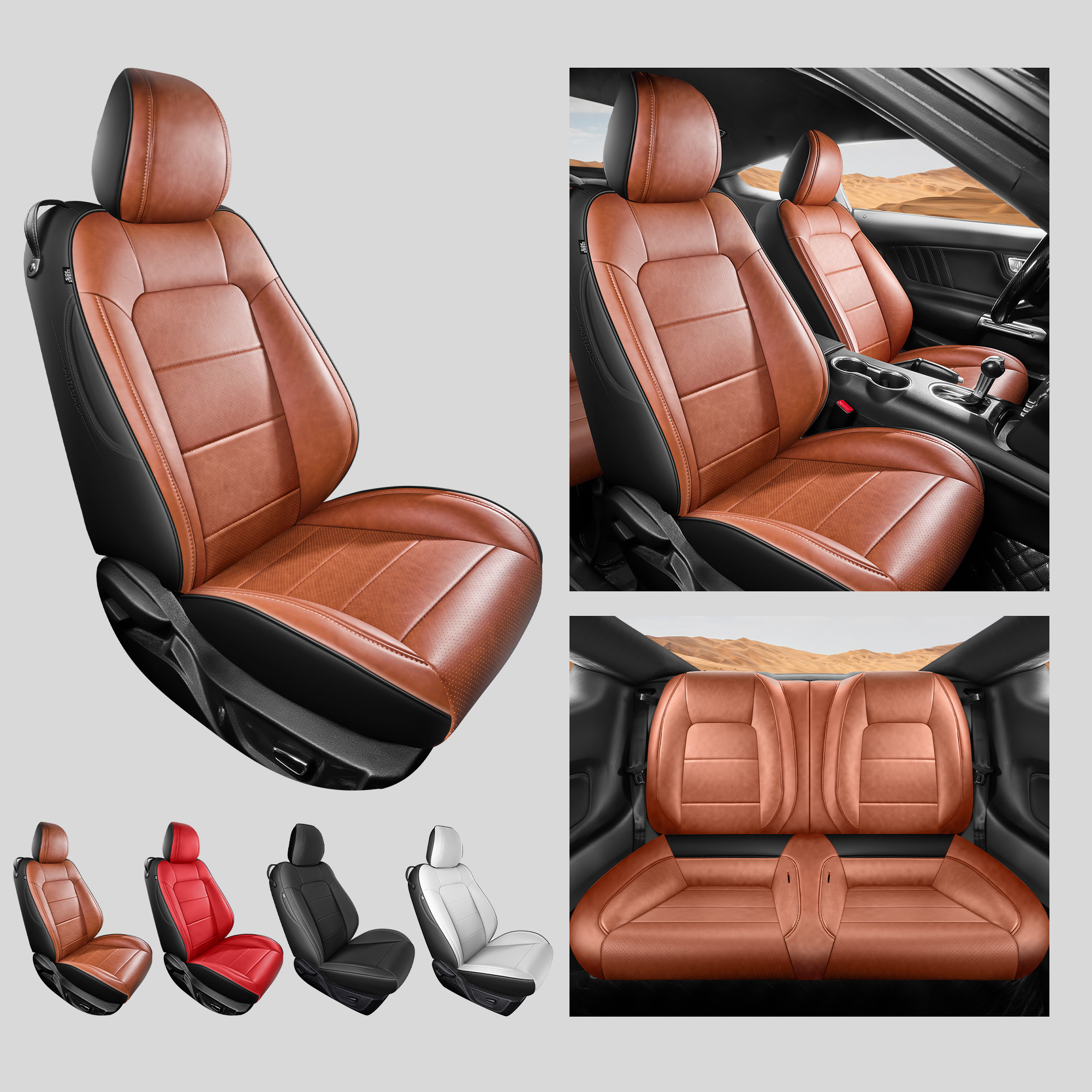 Customized Fit Ford Mustang Coupe Hardtop 2015-2026 Brown+Black Car Seat Cover Airbag Compatible Waterproof Leather Car Seat Protector - Image 7