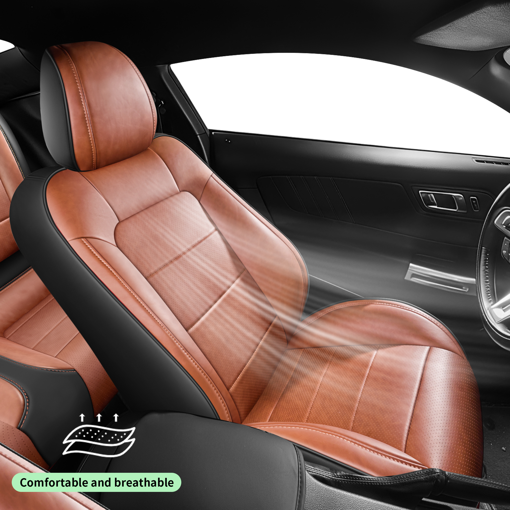 Customized Fit Ford Mustang Coupe Hardtop 2015-2026 Brown+Black Car Seat Cover Airbag Compatible Waterproof Leather Car Seat Protector - Image 2