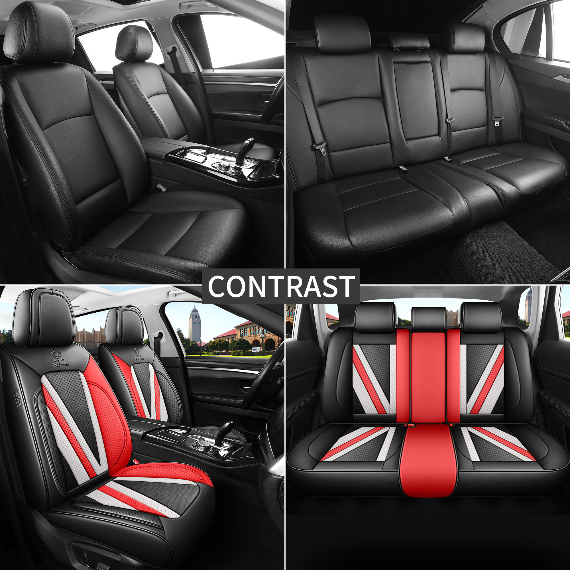 Universal Leather Auto Seat Covers Black and Red Full Set Full Coverage - Image 9