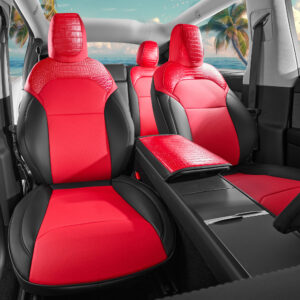 Customized Fit Tesla Model Y Juniper 2025-2026 Crocodile Skin Red+Black Seat Cover Nappa Leather Seat Cover Full Set