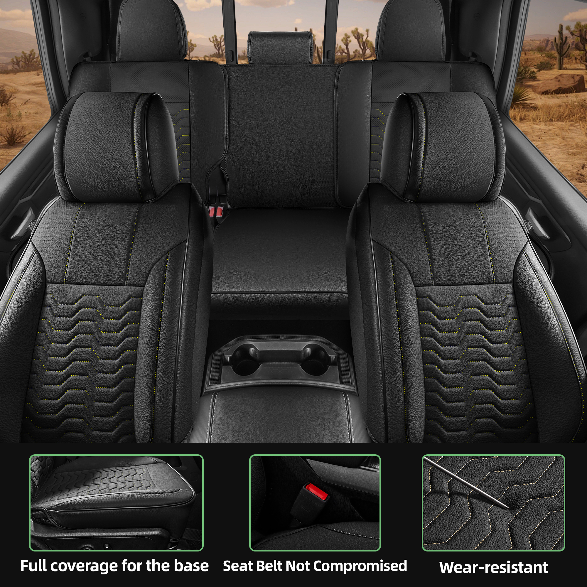 Black Leather Seat Cover for Chevy Silverado 2014-2018 1500 2500 3500 Crew Cab Double Cab LT LZ LTZ Z71 Duramax High Country/GMC Sierra 2007-2019 - Image 4