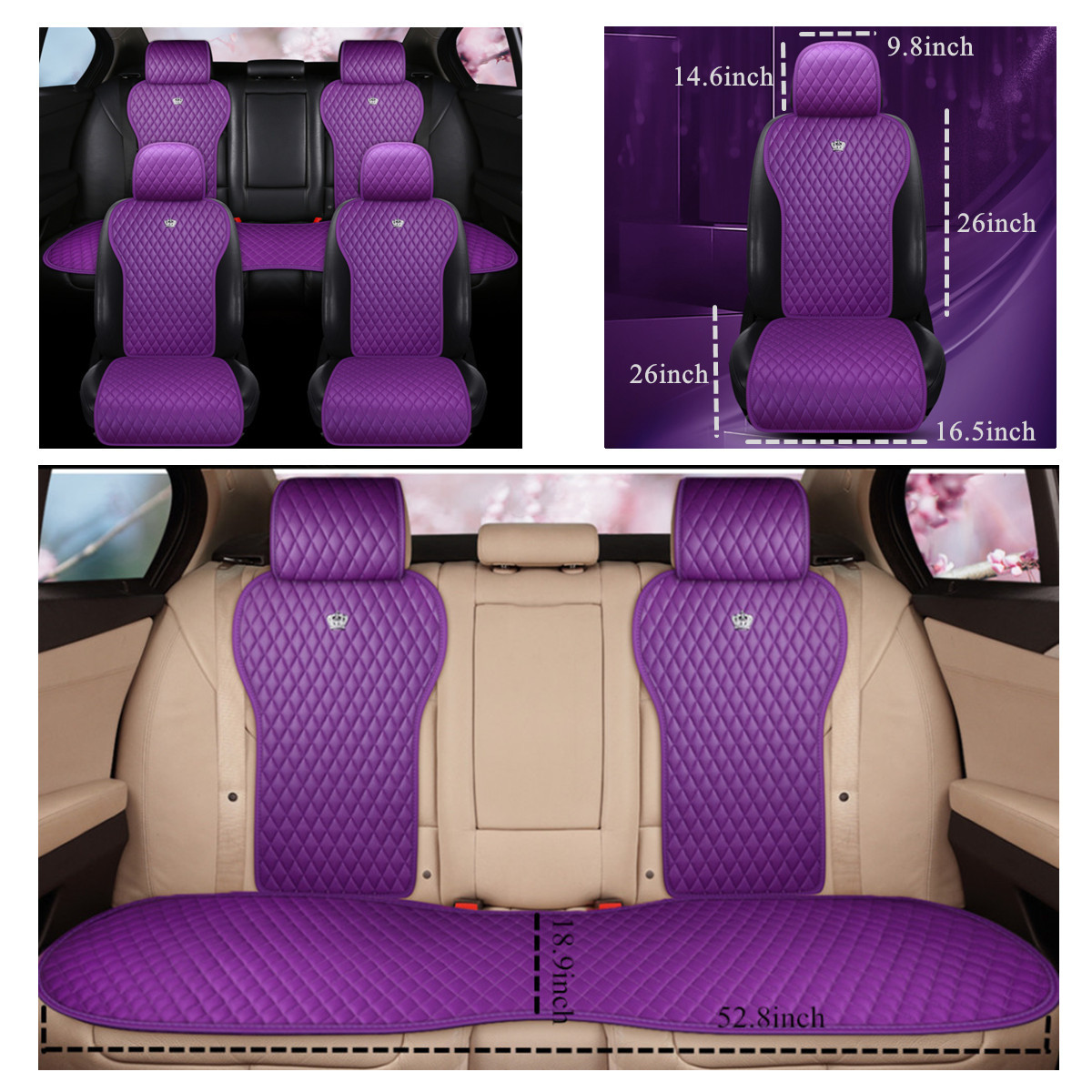 Purple Leather Universal Auto Seat Covers with Crown Full Set 2/3 Covered - Image 5