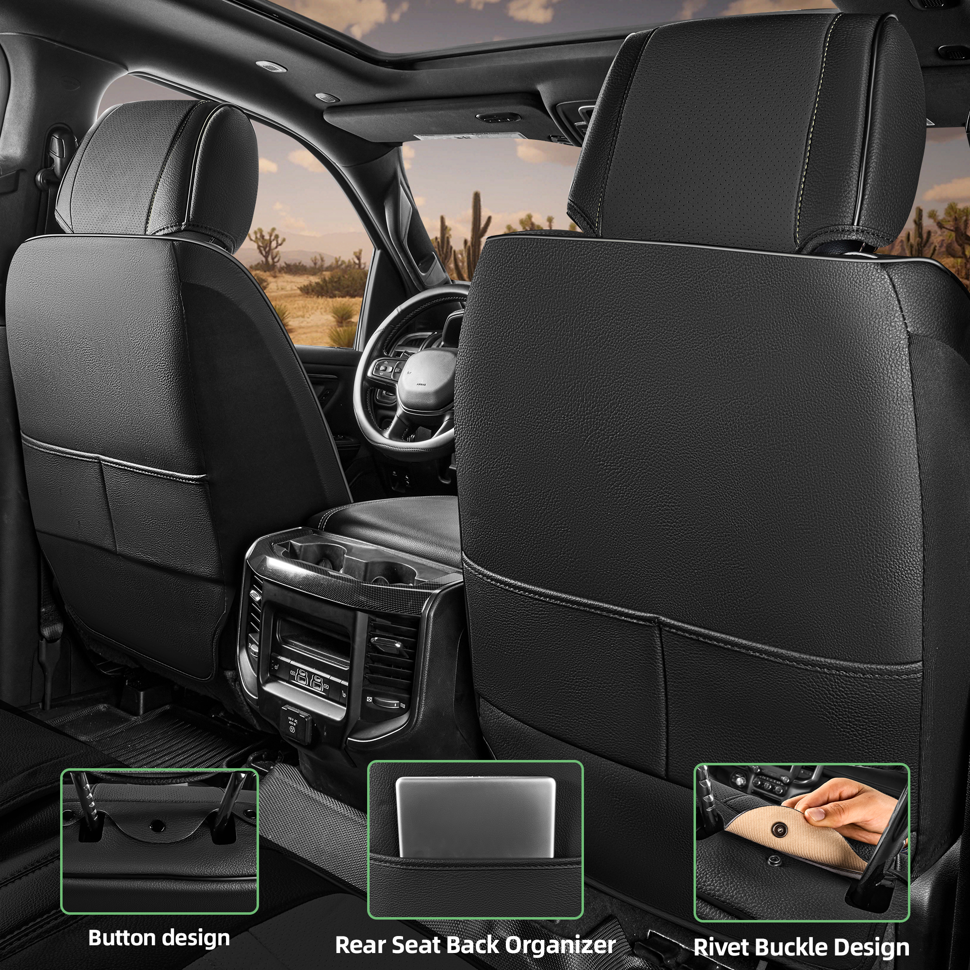 Black Leather Seat Cover for Chevy Silverado 2014-2018 1500 2500 3500 Crew Cab Double Cab LT LZ LTZ Z71 Duramax High Country/GMC Sierra 2007-2019 - Image 2